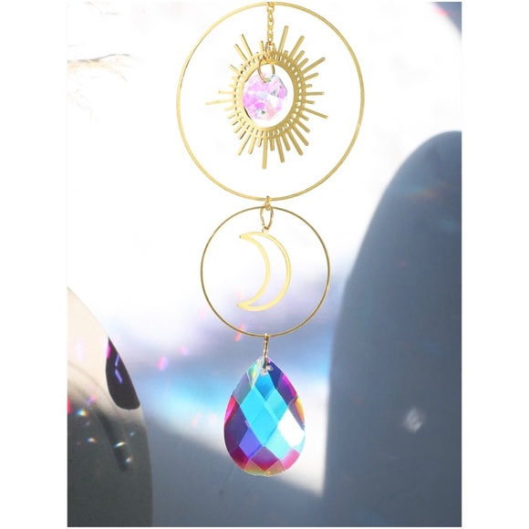 Boho Sun Moon Gold Tone Crystal Ceiling Wall Wall Decor - Picture 5 of 6